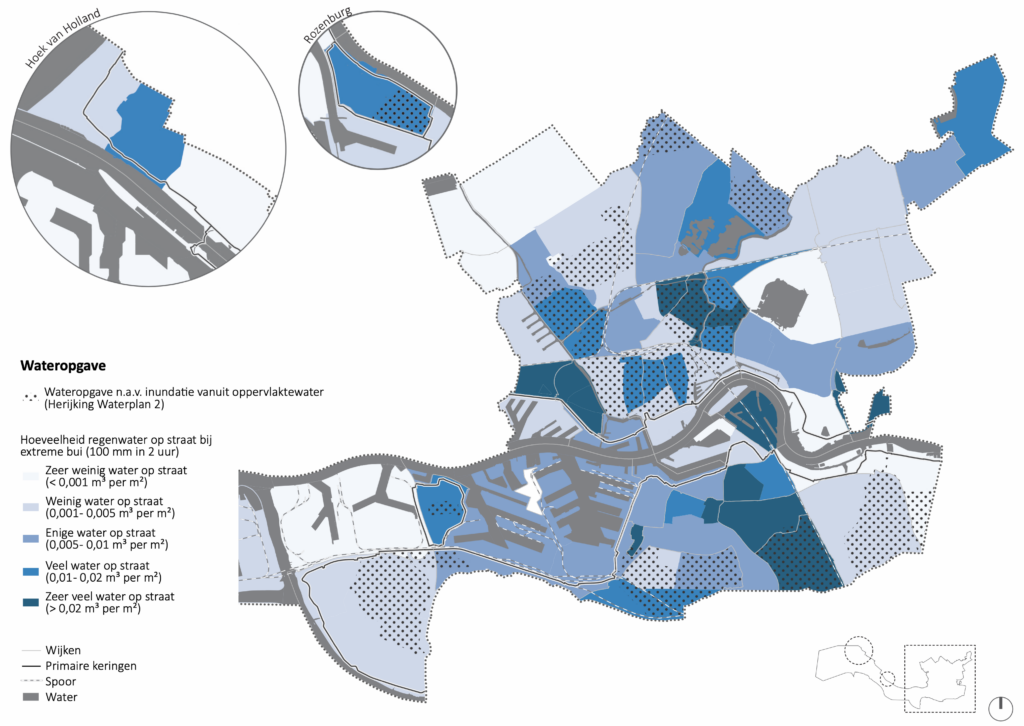 Deze kaart laat twee verschillende aspecten van de huidige wateropgave zien; 1. de stedelijke wateropgave met een indicatie van de hoeveelheid water die bij een extreme bui (100 mm in 2 uur) op straat blijft staan en 2. de (historische) wateropgave in het oppervlaktewatersysteem, vanuit de NBW. Dit laat zien in welke gebieden in Rotterdam het oppervlaktewatersysteem onvoldoende capaciteit heeft. (Beeld: Defacto Stedenbouw, Bron data: Nelen & Schuurmans, 3Di, Herijking waterplan 2)
