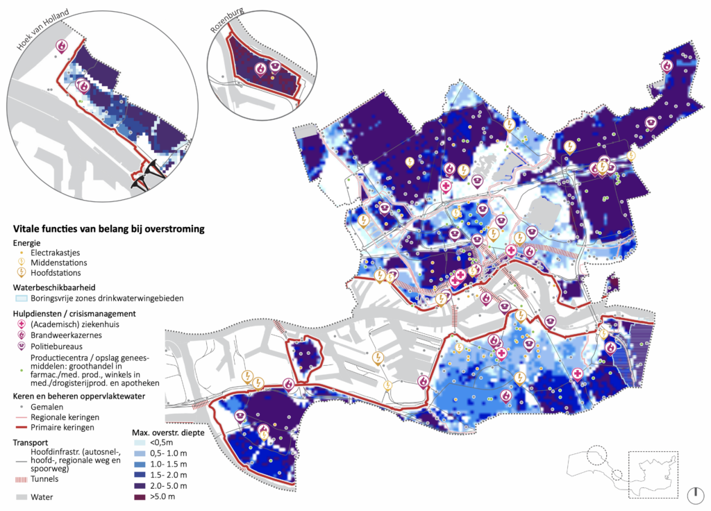 Vitale functies van belang bij overstroming (Beeld: Defacto Stedenbouw, Bron data: risicokaart.nl, LIWO (juni 2021) en Gemeente Rotterdam)
