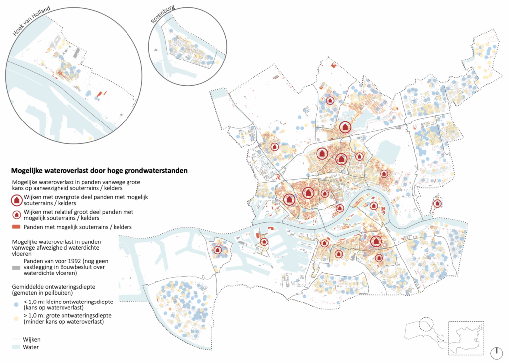 Gebieden met kans op wateroverlast door grondwater (Beeld: Defacto Stedenbouw, Bron data: Nelen & Schuurmans, 3Di, Gisweb-viewer gemeente Rotterdam)
