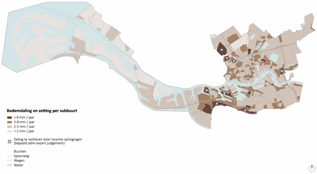 Gemiddeldebodemdaling per sub buurt op basis van hoogtemetingen 2009-2014 in mm/ jaar (Beeld: Defacto Stedenbouw, Bron data: iNSAR data, gemeente Rotterdam)
