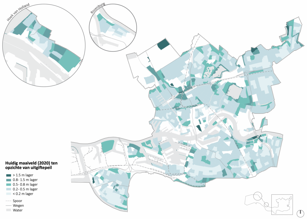 Huidig maaiveld (2020) ten opzichte van het uitgiftepeil (Beeld: Defacto Stedenbouw, Bron data: GISwebviewer Gemeente Rotterdam)
