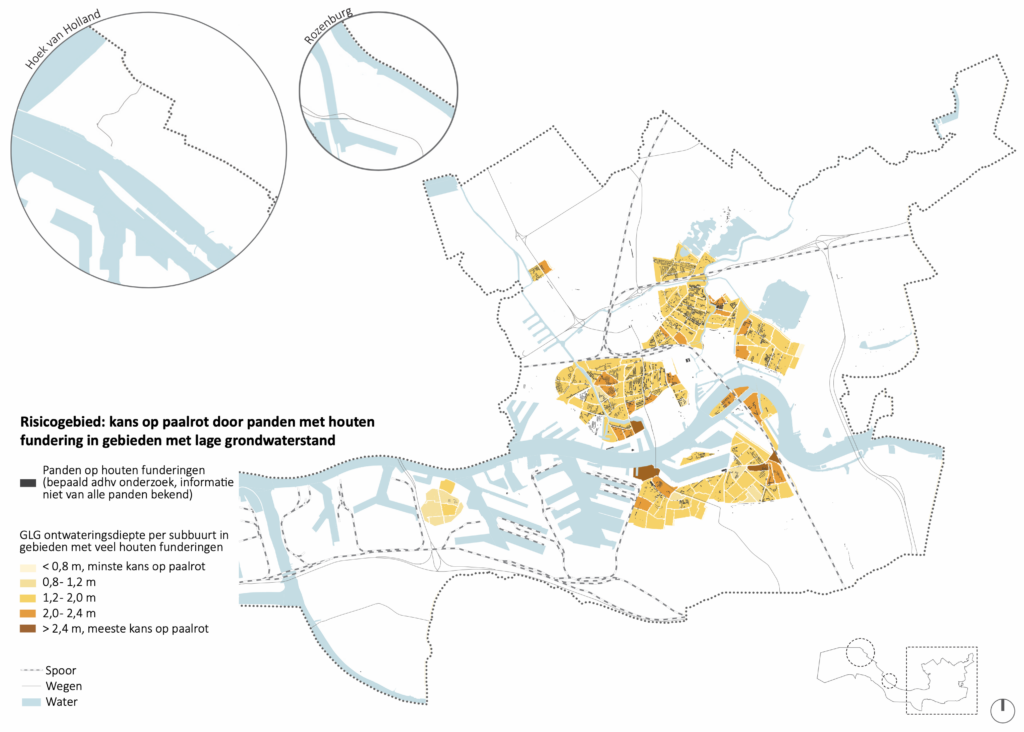 Risicogebieden met betrekking tot de kans op mogelijke schade aan houten paalfunderingen in Rotterdam (Beeld: Defacto Stedenbouw, Bron data: Gisweb-viewer Gemeente Rotterdam)
